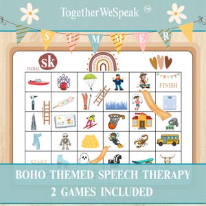May include: A colorful speech therapy game board with a boho theme. The board features illustrations of various objects and activities, including a car, bowling pins, a parachute, and a school bus. The text "SUMMER" is displayed across the top, with the words "Together WeSpeak" and "BOHO THEMED SPEECH THERAPY" also visible.