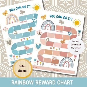 May include: Two reward charts with the text YOU CAN DO IT! featuring a path of rectangular boxes, a rainbow, a sun, butterflies, and flowers. One chart has blue boxes, the other has pinkish-tan boxes. Each includes spaces for name and reward.