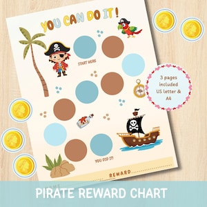 May include: A pirate-themed reward chart featuring the text YOU CAN DO IT, a palm tree, a pirate character, a parrot, a ship, and a compass. The chart includes blue and brown circles for tracking progress, gold coin tokens, and a note about 3 pages included.