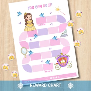 May include: A princess-themed reward chart with a path, princess, carriage, and crown stickers. The chart is pink and purple with the text "YOU CAN DO IT!" and "REWARD CHART". Includes a magic wand, mirror, and shoe.