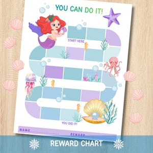 May include: A colorful mermaid-themed reward chart with the text "YOU CAN DO IT!" and "REWARD CHART". The chart features a mermaid, seahorses, an octopus, and a pearl in an oyster. Pink seashells are scattered around the chart.