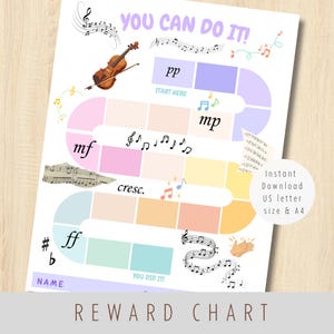 以下が含まれることがあります： YOU CAN DO IT!と書かれた音楽の報酬チャート。カラフルな四角いマスが並ぶ道、バイオリン、音符、pp、mp、mf、cresc.、ffといった強弱記号が描かれています。名前を書くスペースとYOU DID IT!というテキストが含まれています。