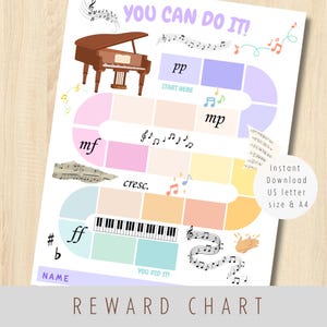 May include: A music-themed reward chart featuring a brown grand piano, musical notes, and a winding path of colorful squares. The chart includes the text YOU CAN DO IT!, musical symbols like pp, mp, mf, ff, cresc., and a NAME field at the bottom.