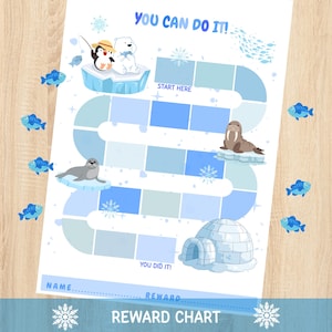 Op de afbeelding: Een beloningsschema met een winterthema. De kaart toont een blauw pad met illustraties van een pinguïn, ijsbeer, zeehond, walrus en iglo. De tekst "YOU CAN DO IT!" en "REWARD CHART" worden weergegeven.