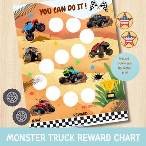 Printable Monster Truck Reward Chart, Sticker Chart for Kids, Reward Chart for boys, Monster Truck Core Chart, Potty Training Chart (pdf)