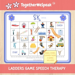 May include: A speech therapy game board with a summer theme. The board features a grid of illustrated images, including a boat, bowling ball, and school bus. The text "SK INITIAL" is at the top, with "START" and "FINISH" at the bottom.