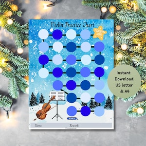 May include: A blue Violin Practice Chart with a winter theme featuring a brown violin on a stand, musical notes, a yellow star labeled Great Job, a Start button, and spaces for Name and Reward. The chart includes a grid of circles for tracking.
