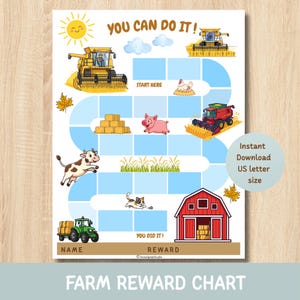 May include: A farm-themed reward chart featuring a winding path of light blue squares, illustrations of a yellow combine harvester, a red tractor, a red barn, a pig, a cow, a cat, and a chicken, with the text YOU CAN DO IT, START HERE, and YOU DID IT.