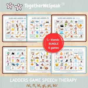 Op de afbeelding: Een logopedie-spellenbundel met zes rasterborden genaamd Slides and Ladders voor L-klanken. Elk bord bevat kleurrijke illustraties, een start- en finishpunt en ladders die vakjes verbinden. Een rode cirkel bevat de tekst L-blends BUNDLE 6 games.