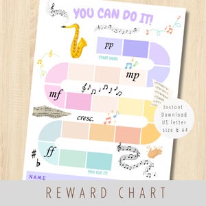 May include: A printable reward chart featuring a winding path of pastel-colored squares, musical notes, a yellow saxophone, and dynamic markings like pp, mp, mf, and ff. The text reads YOU CAN DO IT, START HERE, YOU DID IT, and NAME.