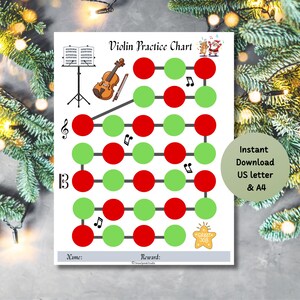 May include: A white violin practice chart featuring a grid of red and green circles, a violin with a bow, a music stand, musical notes, and a Santa Claus illustration. The text reads Violin Practice Chart, Great Job, Name, and Reward.