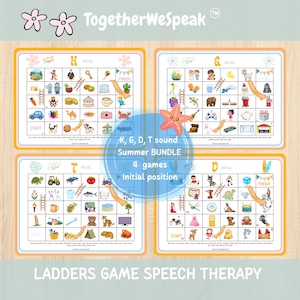 Op de afbeelding: Vier kleurrijke logopedie bordspellen met illustraties, waaronder ladders en glijbanen. De spellen zijn gelabeld met de letters K, G, D en T, en de tekst "Summer BUNDLE" en "LADDERS GAME SPEECH THERAPY" is ook zichtbaar.