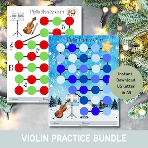 May include: Two violin practice charts featuring a grid of circles for tracking progress. One chart has red and green circles with a violin and music stand. The other has blue circles, a winter landscape, a violin, and a yellow star labeled Great Job.