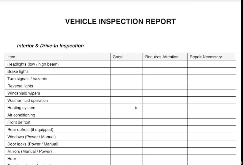 Windshield Inspection Format VEHICLE INSPECTION REPORT (pdf) - Etsy