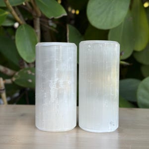 Peut inclure: Deux baguettes cylindriques en cristal de sélénite blanc translucide sont présentées côte à côte. Les baguettes sont orientées verticalement, avec un aspect lisse et poli. L'arrière-plan présente un feuillage vert et une surface en bois clair.