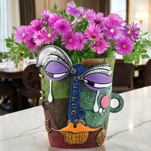 May include: A colorful, abstract face-shaped vase filled with vibrant pink flowers. The vase features a unique design with purple eyes, a blue nose, and an orange mouth. The vase is a decorative piece for home decor.