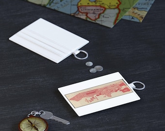 Tarjetero de piel Saffiano con mapa de ciudad vintage / Cartera para identificación con mapa rojo