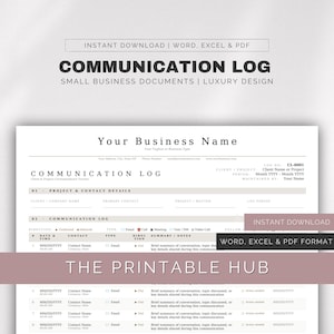 May include: A white Communication Log template with headings for project details, contact information, and communication logs. The document includes the text "Instant Download" and "Word, Excel & PDF Format."