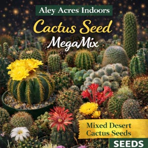 May include: An image of various cacti with colorful blooms. The text "Aley Acres Indoors Cactus Seed MegaMix" is displayed at the top. The bottom right corner displays "Mixed Desert Cactus Seeds".
