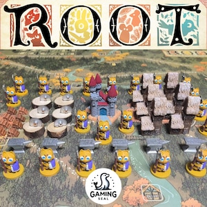 May include: A board game titled "Root" with various game pieces. The game board features a forest scene with a river. Game pieces include miniature cat-like figures, a castle, houses, and other tokens.