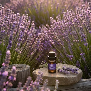 Może przedstawiać: Mała brązowa butelka olejku eterycznego z fioletową etykietą z napisem "All Lavender" stoi na kamieniu, otoczona kwiatami lawendy. Tło wypełniają rzędy fioletowych roślin lawendy, tworząc naturalną scenerię.
