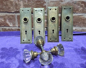 Antique Glass Door Knobs, Brass Backplates Skeleton Key Hardware, Vintage Architectural Salvage, Early 1900s Door Knob Set