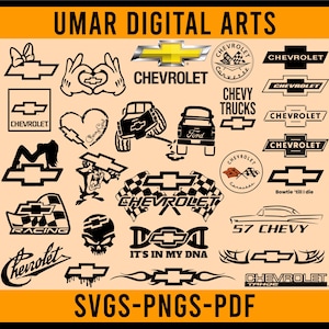 May include: A collection of black and white Chevrolet-themed digital art designs. Includes logos, racing flags, a '57 Chevy, and text that reads 'It's in my DNA' and 'Bowtie 'till I die'. The image also includes the text 'SVGS-PNGS-PDF'.
