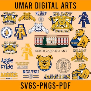 May include: A selection of digital art elements related to North Carolina A&T State University, including logos, bulldog mascots, and the university building. Text includes "Aggie Pride" and "NC A&T". The image also features the text "UMAR DIGITAL ARTS" and "SVGS-PNGS-PDF".