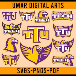May include: A collection of Tennessee Tech Golden Eagles logos in purple and gold. The logos include the letters "TU" and eagle illustrations. The text "UMAR DIGITAL ARTS" and "SVGS-PNGS-PDF" are also present.