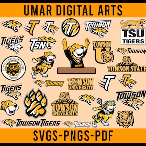 Op de afbeelding: Een verzameling digitale kunst met verschillende logo's en mascottes die geassocieerd worden met Towson University en TSU Tigers. De ontwerpen omvatten tijgerillustraties, pootafdrukken en tekstelementen zoals "Tigers" en "Towson University". De afbeelding bevat ook de tekst "SVGS-PNGS-PDF".