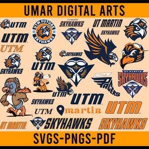 Op de afbeelding: Een verzameling UTM Skyhawks logo's en afbeeldingen in oranje, marineblauw en wit. De ontwerpen bevatten verschillende gestileerde valk illustraties, tekst en de woorden "UT Martin" en "Skyhawks". De afbeelding bevat ook de tekst "SVGS-PNGS-PDF".