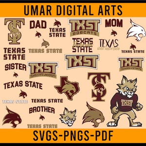 Puede incluir: Una colección de elementos de arte digital con el tema de la Universidad Estatal de Texas en burdeos, dorado y blanco. Incluye logotipos, texto y una ilustración de la mascota del bobcat. El texto incluye "DAD", "MOM", "SISTER" y "BROTHER".