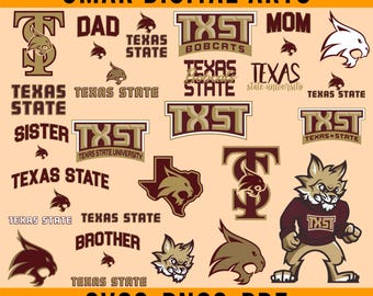 May include: A collection of Texas State University-themed digital art elements in maroon, gold, and white. Includes logos, text, and a bobcat mascot illustration. The text includes "DAD", "MOM", "SISTER", and "BROTHER".