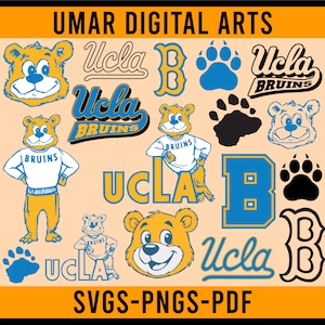 May include: A collection of UCLA Bruins graphics in blue and gold. Includes bear mascots, paw prints, and various UCLA logos. The text "UMAR DIGITAL ARTS" and "SVGS-PNGS-PDF" are also present.
