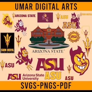 May include: A collection of Arizona State University (ASU) themed digital art elements. Includes logos, the ASU mascot, and the words "Arizona State" and "ASU" in maroon and gold. The image also features a university building illustration.