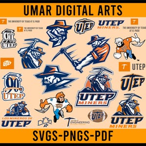 Puede incluir: Una colección de logotipos y gráficos de UTEP Miners en varios estilos. Los diseños presentan un minero con un pico, el logotipo de UTEP y el texto "UMAR DIGITAL ARTS". La imagen incluye el texto "SVGS-PNGS-PDF".