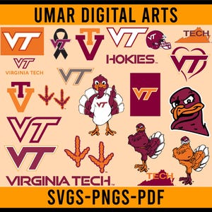 May include: A collection of Virginia Tech logos and graphics in maroon, orange, and white. Includes the VT logo, a turkey mascot, and the words "UMAR DIGITAL ARTS", "VIRGINIA TECH", "TECH", "HOKIES", and "SVGS-PNGS-PDF".