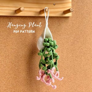 Può includere: Una pianta sospesa all'uncinetto in un vaso bianco, sospesa da un cordoncino bianco. La pianta presenta foglie verdi e viticci rosa. Il testo "Hanging Plant PDF Pattern" è visibile.