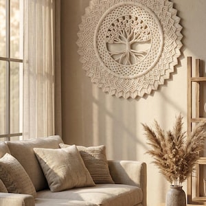 Makrama ścienna Drzewo Życia – duża sztuka boho z bawełny – neutralna dekoracja tkana