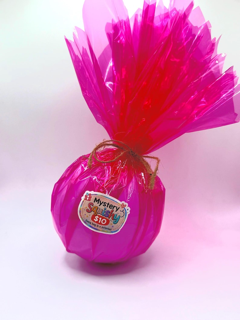 May include: A bright pink, wrapped gift with a decorative top. The gift is tied with twine and features a sticker that reads "Mystery Squishy $10". The gift is a surprise.