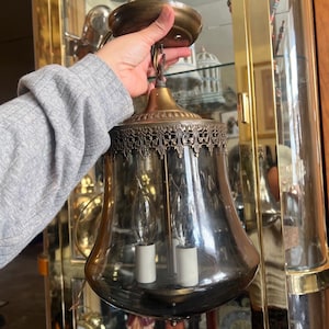 Antique CEILING FIXTURE Light Lantern PENDANT Smokey Glass