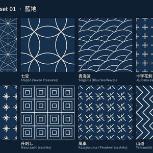 May include: A collection of eight square tiles featuring white geometric patterns on a dark blue background. The designs include Asanoha, Shippo, Seigaiha, Jujibana-zashi, Kome-zashi, Masu-zashi, Kazaguruma, and Yamamichi, labelled with their names in Japanese and English.