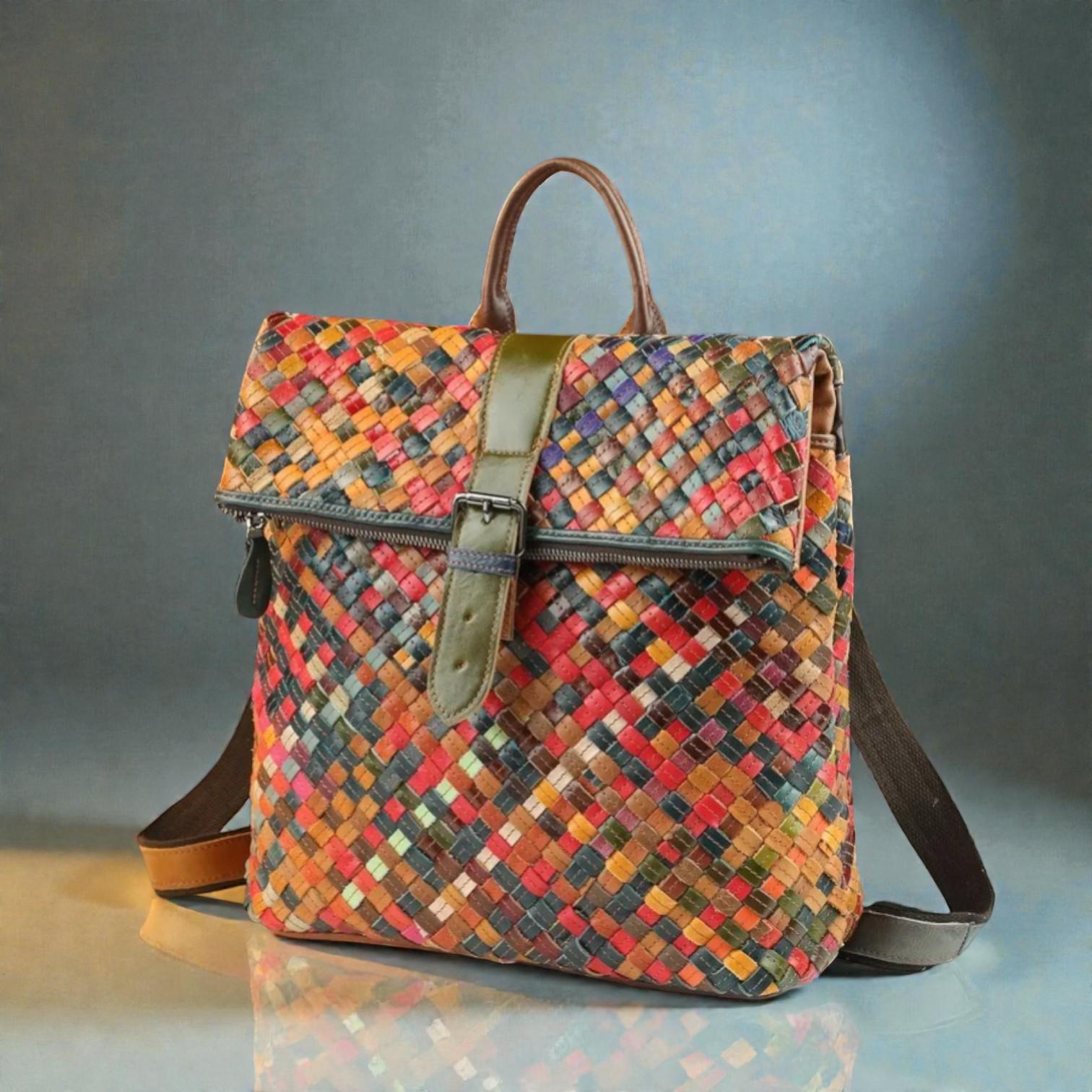 Random Backpack Genuine Leather Woven Backpack / Handmade Patchwork Real Leather ...