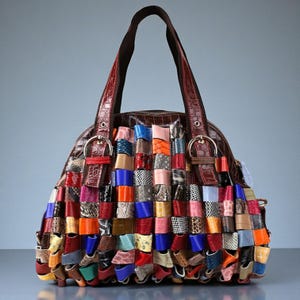 Puede incluir: Un bolso de mano patchwork colorido con un asa de cuero marrón y cierre de cremallera. El bolso está hecho de varias piezas de cuero de colores, incluyendo rojo, azul, naranja y rosa. Tiene un ribete de cuero marrón con textura de cocodrilo y aros de metal plateado.