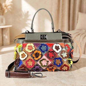 Genuine Leather Small Women Handbag, Colorful Patchwork Floral Shoulder Purse, Mini Cowhide Crossbody Colourful Women's Bag Gift for Her