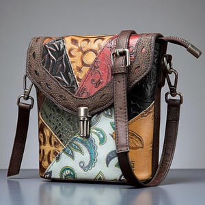 Peut inclure: Sac bandoulière patchwork multicolore avec une bandoulière en cuir marron. Le sac présente diverses textures et motifs, notamment floraux et géométriques. Il possède un fermoir en métal et une bandoulière réglable.