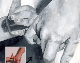Custom Mother Child Hands Acrylic Painting, Monochrome Portrait Art