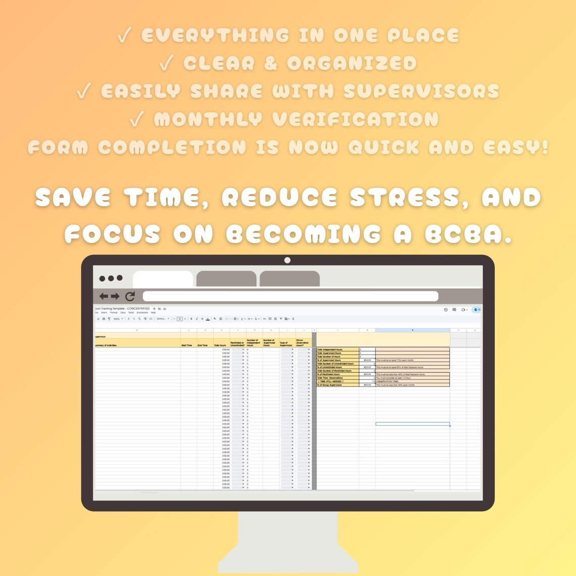 BCBA Fieldwork Tracker Google Sheets | 2027 CONCENTARTED | Aba Rbt ...