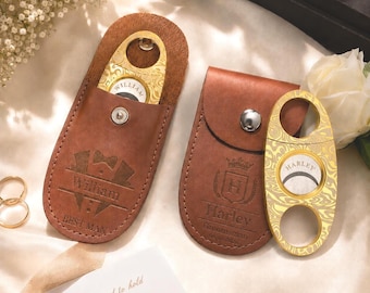 Personalized Engraved Cigar Cutter with Leather Case, Groomsmen Gift