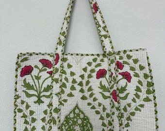 Handmade Block Print Quilted Tote - Reversible Floral Cotton Bag - Aesthetic Gift for Her - Eco Friendly Market Bag - Boho Beach Bag Handbag